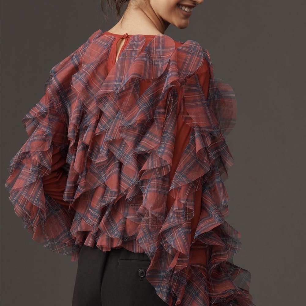 Anthropologie Dolan Left Coast Plaid Ruffle Blouse - Size L - Picture 9 of 9
